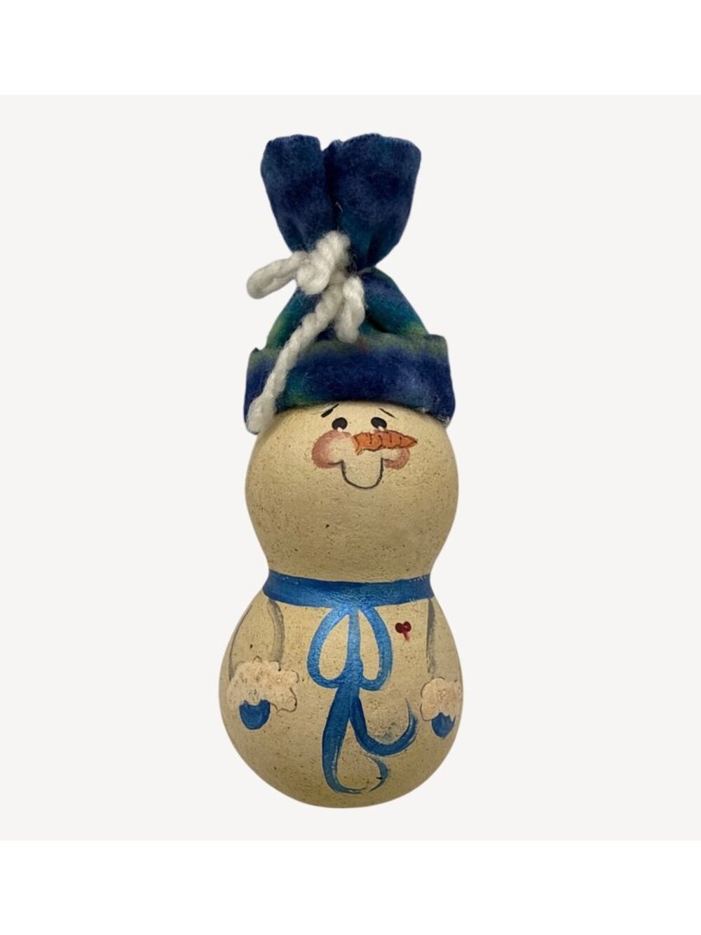 Judy Carlisle Snowman Gourd Hand Painted Blue Hat Rustic Christmas Cottagecore